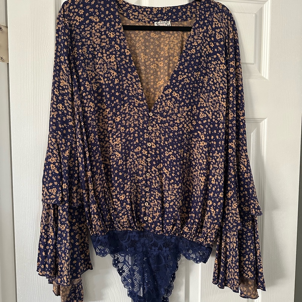 Free People V Neck Bell Sleeve Bodysuit